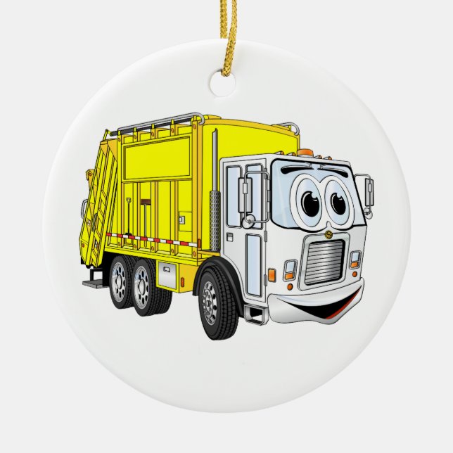 Yellow White Garbage Truck Cartoon Ceramic Tree Decoration (Front)