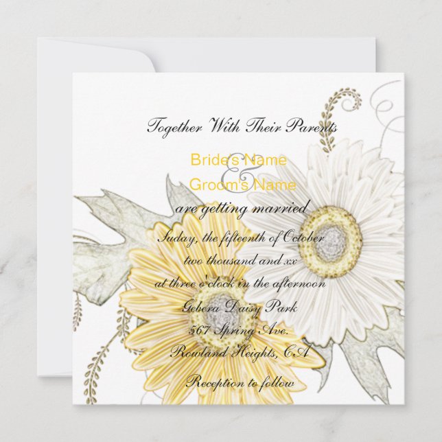 Yellow & White Gerber Daisy Swirl Wedding Invites (Front)