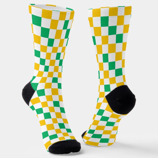 Yellow White Green Checkered Design  Socks (Angled)