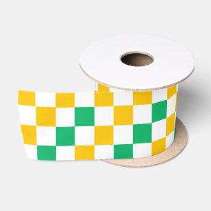 Yellow White Green Chequered Design Satin Ribbon