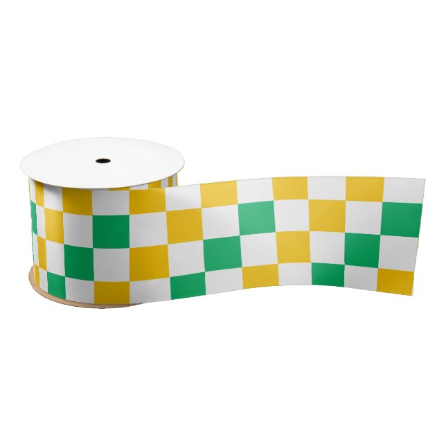 Yellow White Green Chequered Design  Satin Ribbon (Spool)