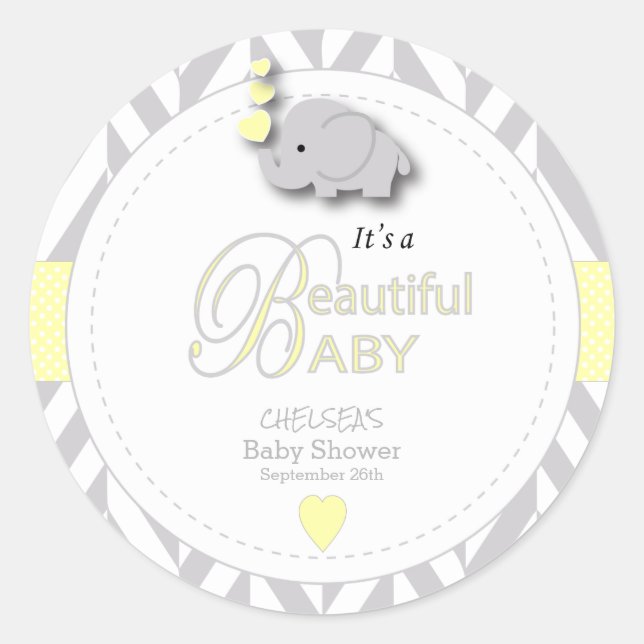 Yellow, White Grey Elephant Baby Shower Classic Round Sticker (Front)