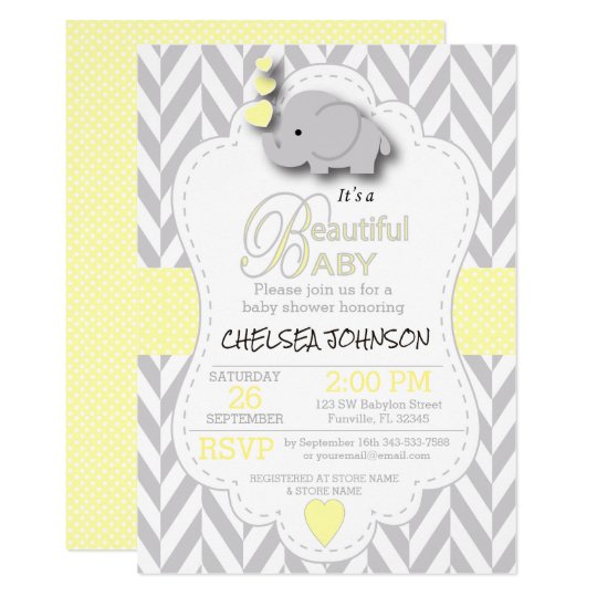 yellow, white grey elephant 🐘 baby shower invitation
