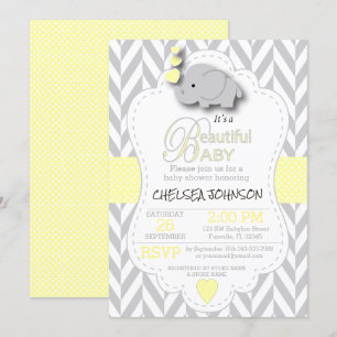 Yellow, White Grey Elephant 🐘 Baby Shower Invitation