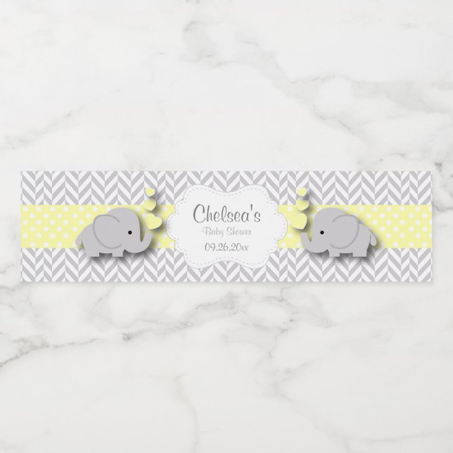 Yellow, White Grey Elephant Baby Shower Water Bottle Label (Single Label)