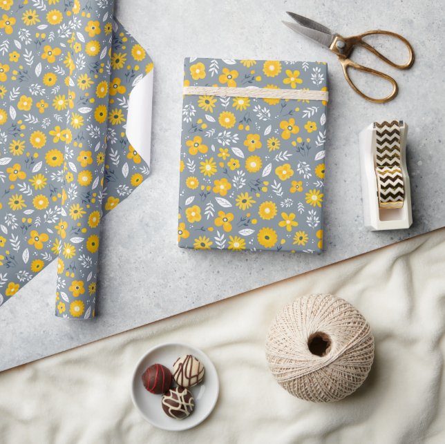 Yellow | White | Grey Floral Wrapping Paper (Crafts)