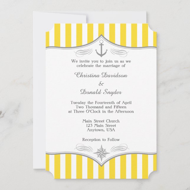 Yellow White Grey Nautical Wedding Invitation (Front)
