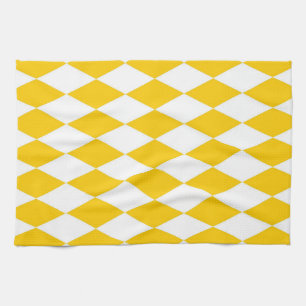 Yellow White Harlequin Diamonds Checkers Design Tea Towel
