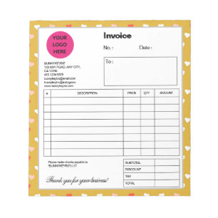 Yellow White Heart Company Business Shop Invoice Notepad