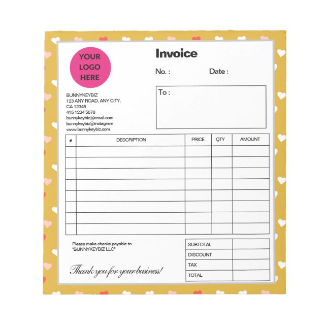 Yellow White Heart Company Business Shop Invoice Notepad (Front)