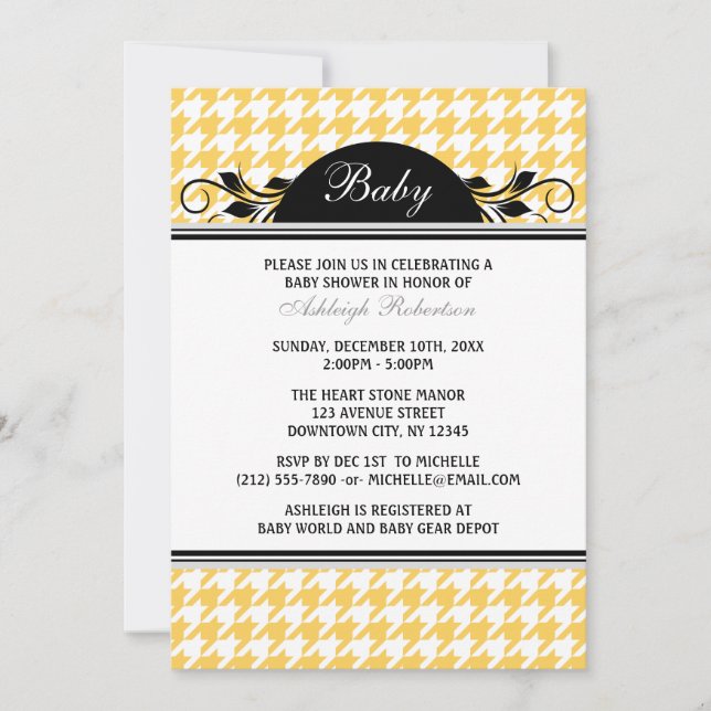 Yellow & White Houndstooth Baby Shower Invitations (Front)