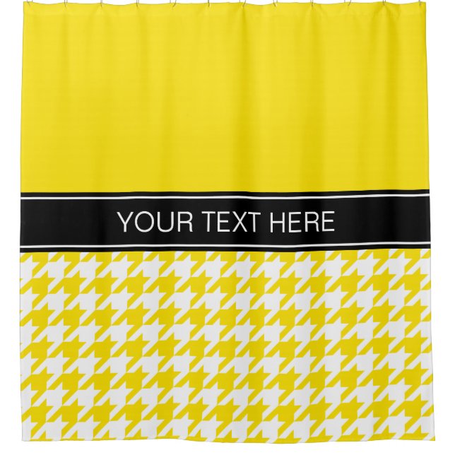 Yellow White Houndstooth CB Black Name Monogram Shower Curtain (Front)
