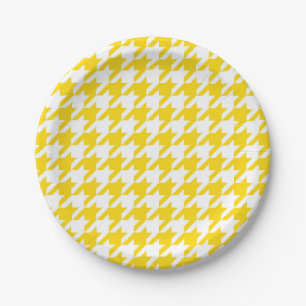 Yellow White Houndstooth Check Paper Plate