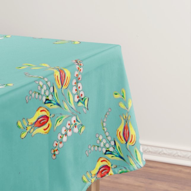 yellow white Hungarian floral in teal Tablecloth (In Situ)