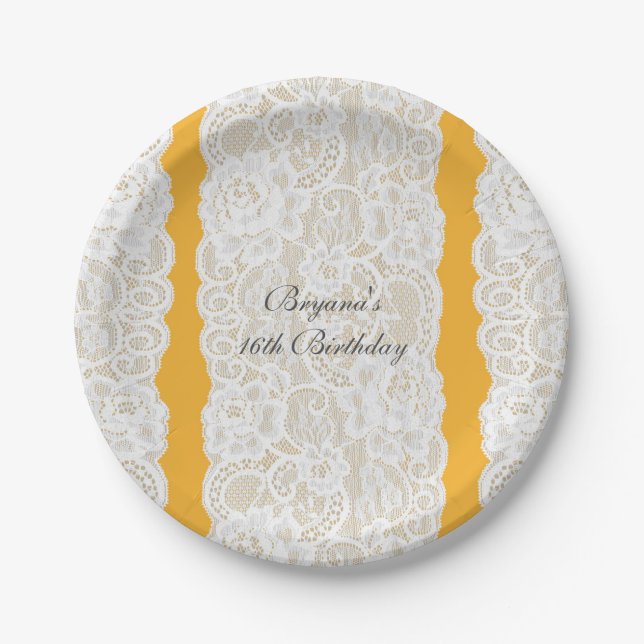 Yellow & White Lace Bright Elegant Rustic Party Paper Plate (Front)
