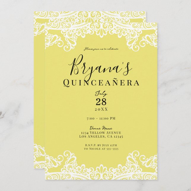 Yellow & White Lace Elegant Quinceañera Party   Invitation (Front/Back)