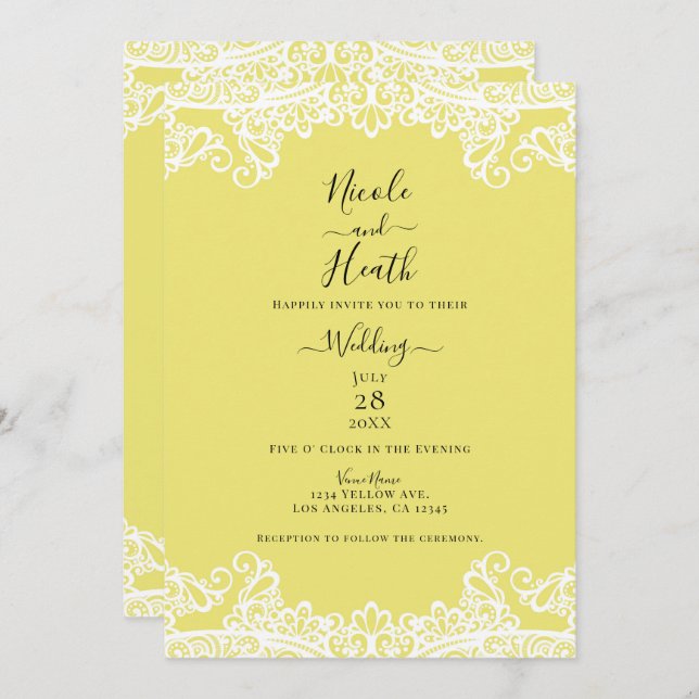 Yellow & White Lace Elegant Wedding  Invitation (Front/Back)