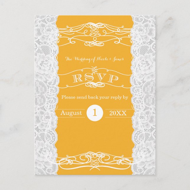Yellow & White Lace Elegant Wedding RSVP Card (Front)
