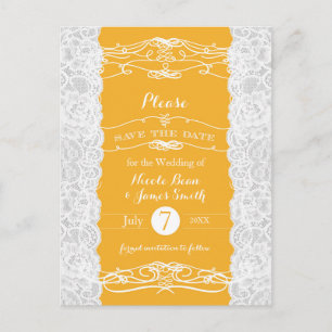 Yellow & White Lace Elegant Wedding Save the Date Announcement Postcard