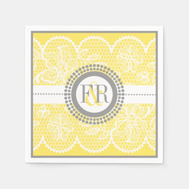 Yellow, white lace pattern wedding napkin (Front)