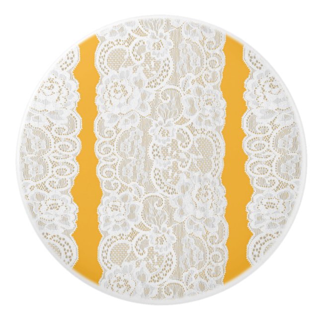 Yellow & White Lace Rustic Romantic Elegant Ceramic Knob (Front)