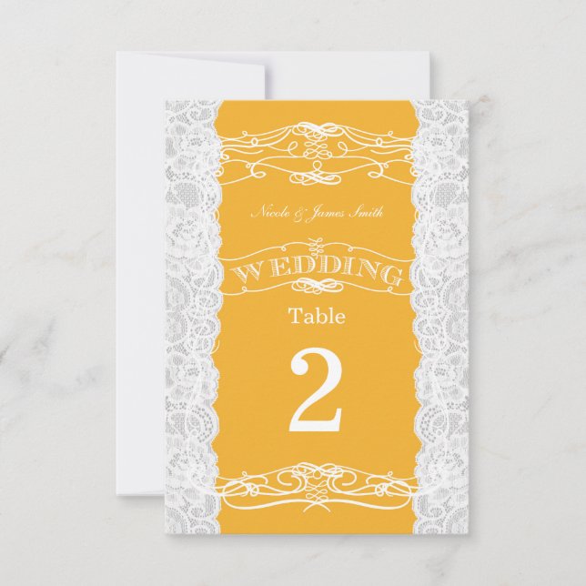 Yellow & White Lace Wedding Table Number Cards (Front)
