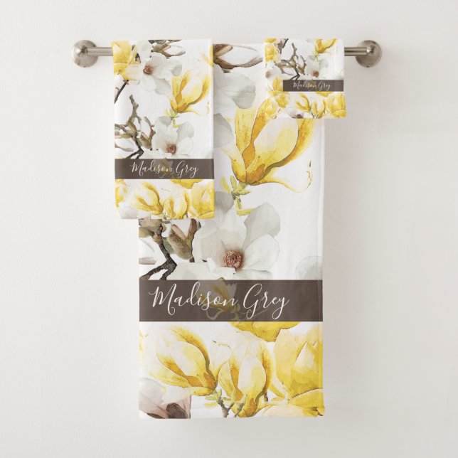 Yellow & White Magnolia Blossom Watercolor Pattern Bath Towel Set (Insitu)