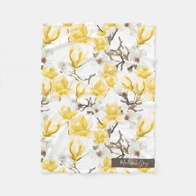Yellow & White Magnolia Blossom Watercolor Pattern Fleece Blanket (Front)