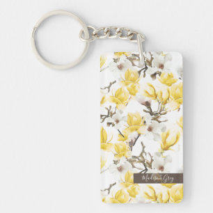 Yellow & White Magnolia Blossom Watercolor Pattern Key Ring