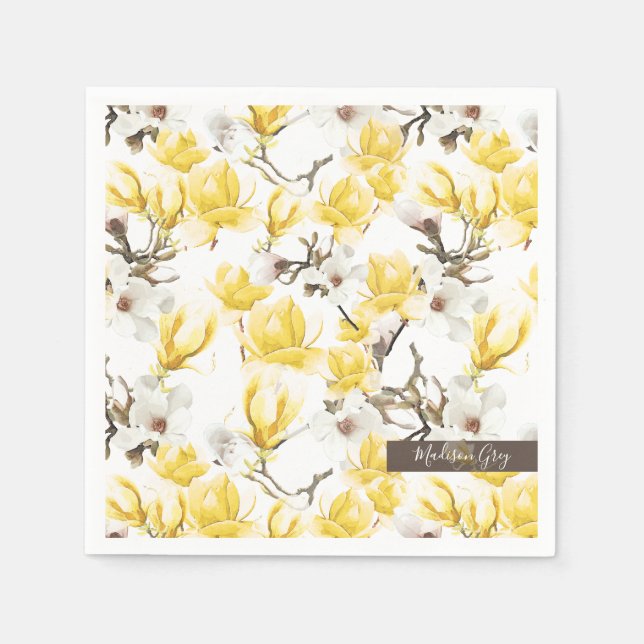 Yellow & White Magnolia Blossom Watercolor Pattern Napkin (Front)