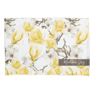 Yellow & White Magnolia Blossom Watercolor Pattern Pillowcase