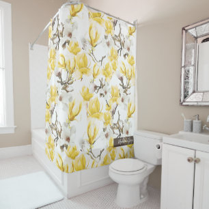 Yellow & White Magnolia Blossom Watercolor Pattern Shower Curtain
