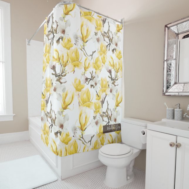 Yellow & White Magnolia Blossom Watercolor Pattern Shower Curtain (In Situ)