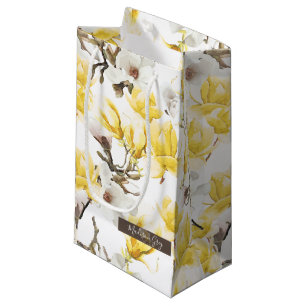Yellow & White Magnolia Blossom Watercolor Pattern Small Gift Bag