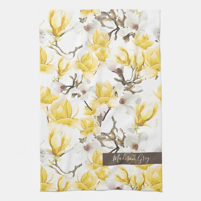 Yellow & White Magnolia Blossom Watercolor Pattern Tea Towel (Vertical)