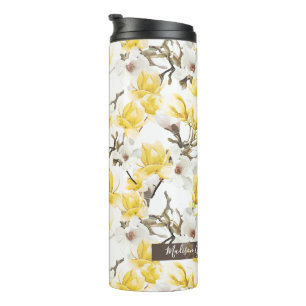 Yellow & White Magnolia Blossom Watercolor Pattern Thermal Tumbler