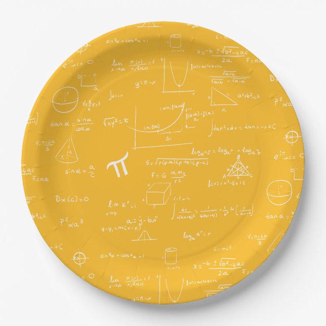 Yellow White Math Equations Graphics Graduation Paper Plate (Front)