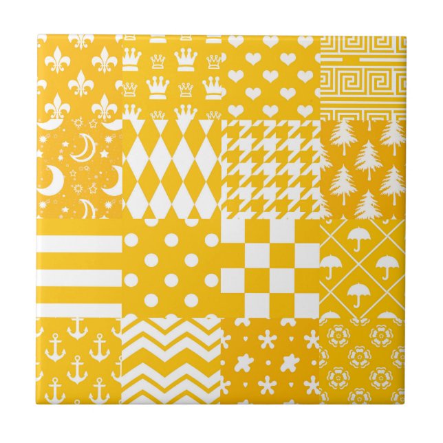Yellow White Mixed Patterns Patchwork Design  Tile (Front)