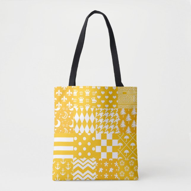 Yellow White Mixed Patterns Patchwork Design  Tote Bag (Front)