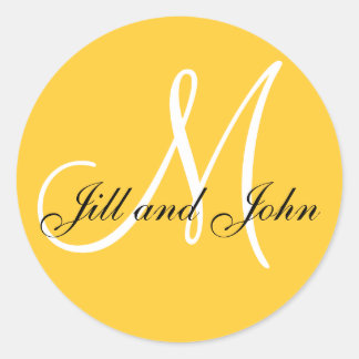Yellow White Monogram Bride Groom Names Wedding Classic Round Sticker