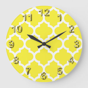 Yellow White Moroccan Quatrefoil Pattern #5 Large Clock