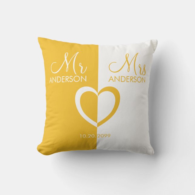 Yellow white Mr Mrs name heart wedding gift Cushion (Front)