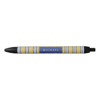 Yellow White & Navy Blue Stripes | Custom Name Black Ink Pen