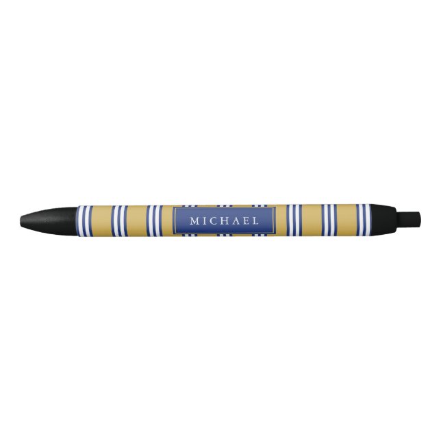 Yellow White & Navy Blue Stripes | Custom Name Black Ink Pen (Front)