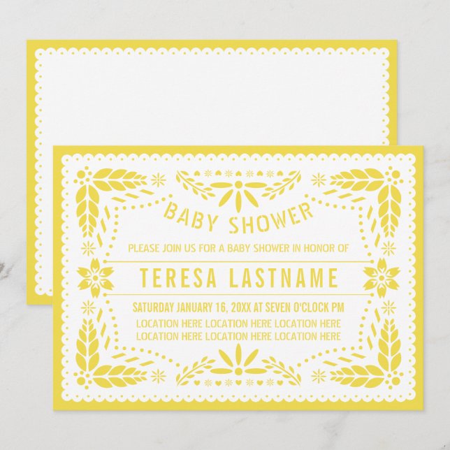 Yellow, white papel picado Mexican baby shower Invitation (Front/Back)