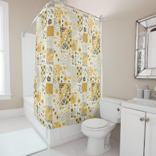 Yellow White Patchwork Quilt Rustic Floral Retro  Shower Curtain