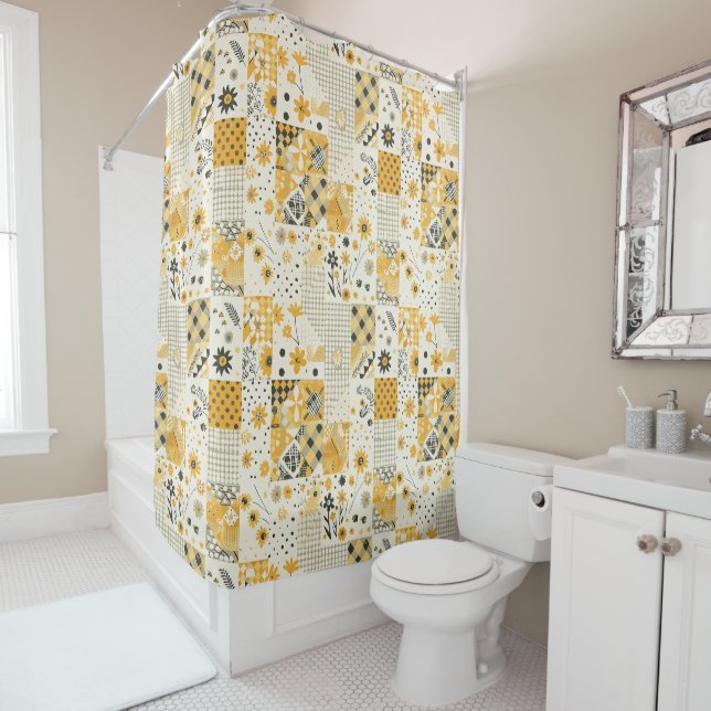 Yellow White Patchwork Quilt Rustic Floral Retro  Shower Curtain (In Situ)