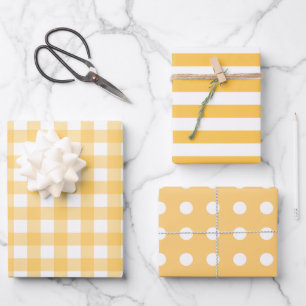 Yellow White Patterns Gingham Dots Striped  Wrapping Paper Sheet