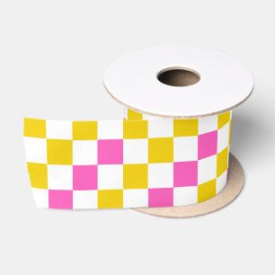 Yellow White Pink Chequered Design Satin Ribbon
