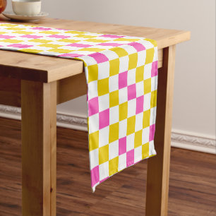 Yellow White Pink Chequered Design  Short Table Runner
